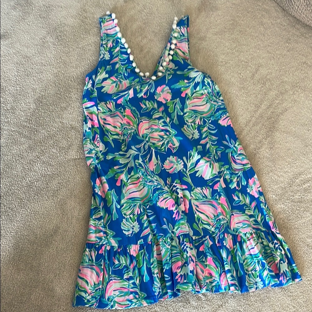 Lilly Pulitzer Floral Sleeveless Dress with Pom Pom Trim With Drop skirt size M